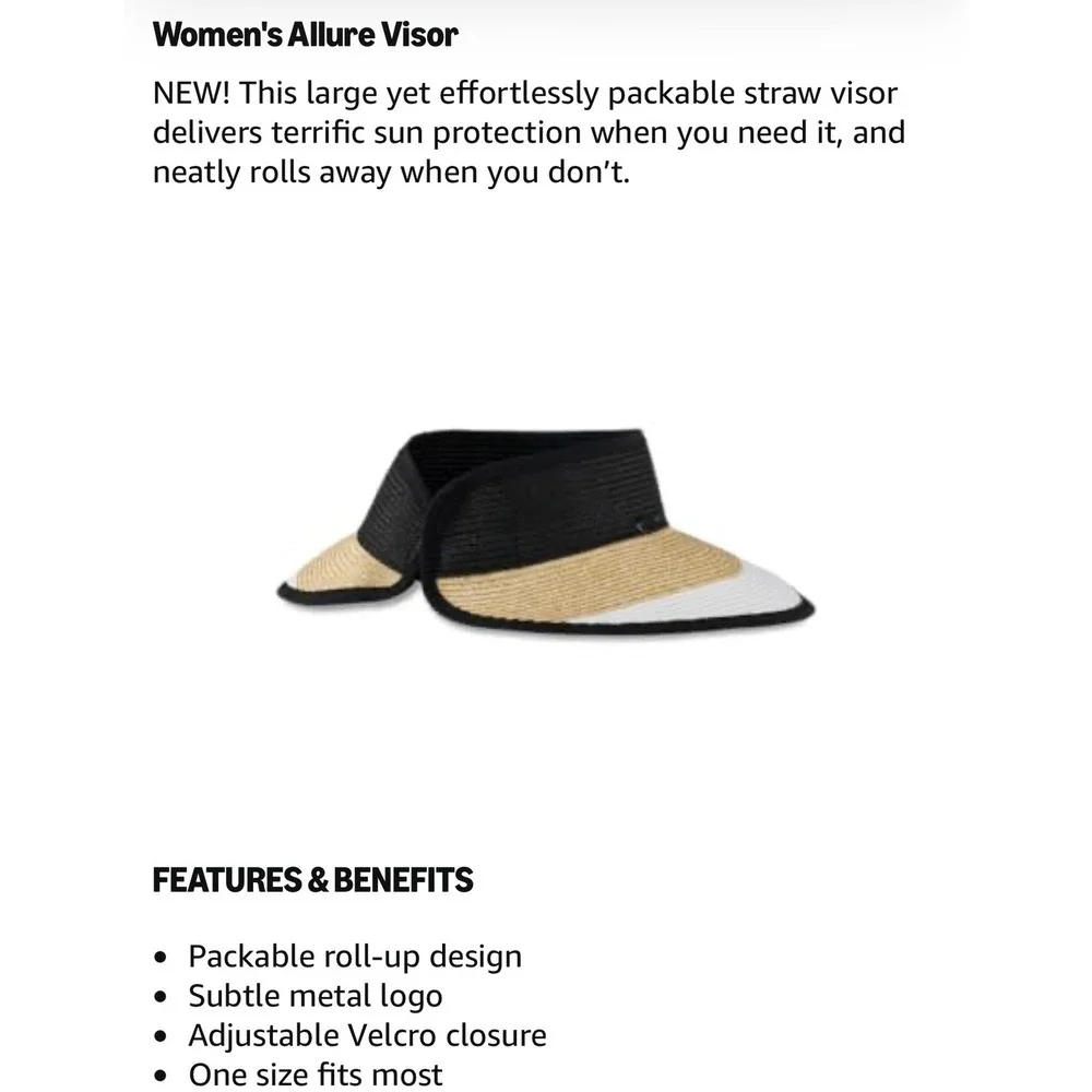 Callaway Womens Golf‎ Roll Up Sun Visor Straw Packable Wide Brim Hat Black Tan